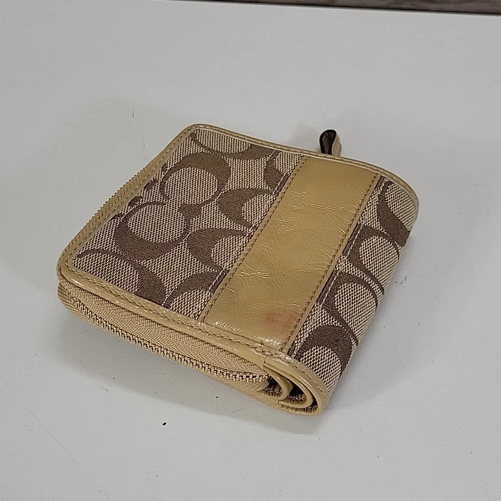 Coach Beige Signature Canvas Wallet with Tan Leather Trim